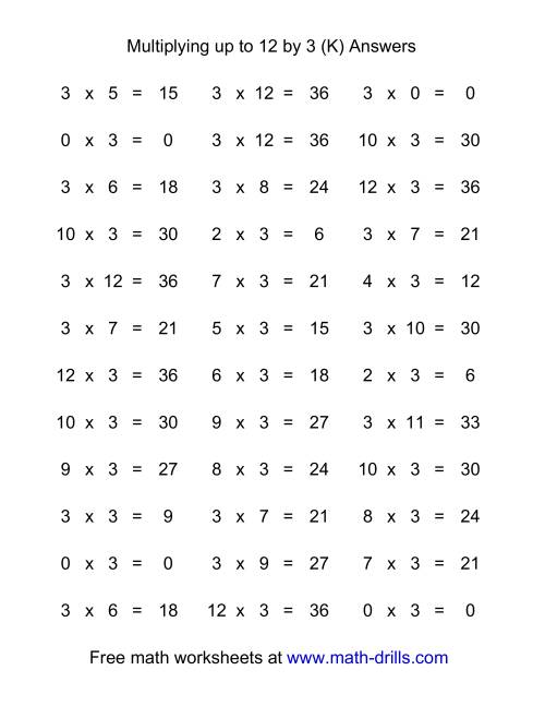 The 36 Horizontal Multiplication Facts Questions -- 3 by 0-12 (K) Math Worksheet Page 2
