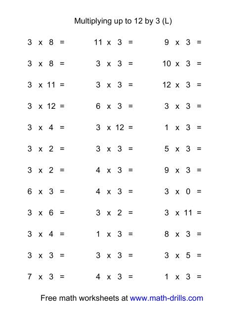 The 36 Horizontal Multiplication Facts Questions -- 3 by 0-12 (L) Math Worksheet