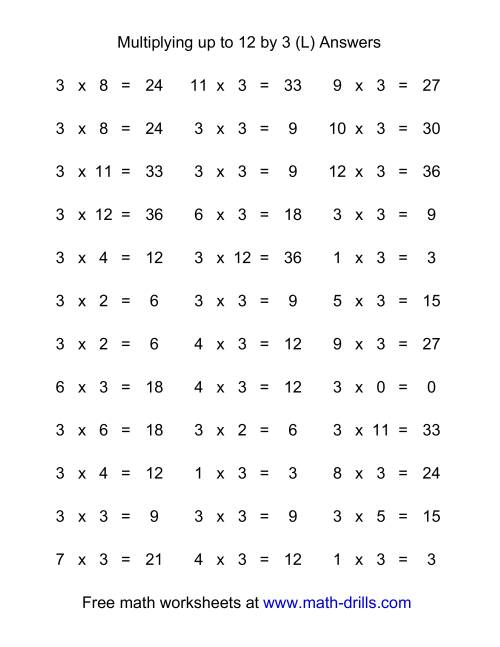 The 36 Horizontal Multiplication Facts Questions -- 3 by 0-12 (L) Math Worksheet Page 2