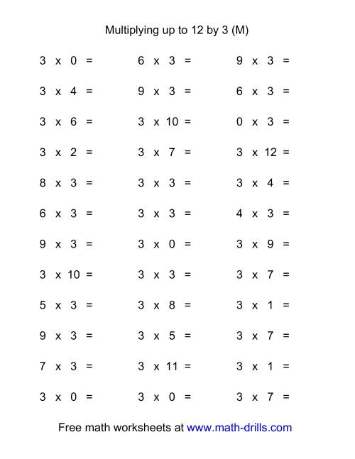 The 36 Horizontal Multiplication Facts Questions -- 3 by 0-12 (M) Math Worksheet