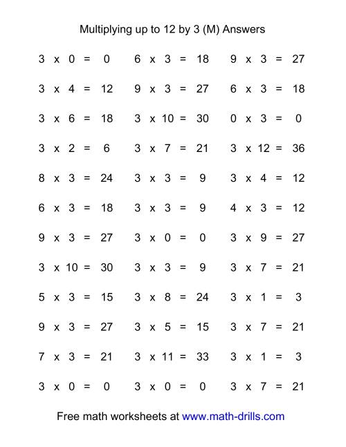 The 36 Horizontal Multiplication Facts Questions -- 3 by 0-12 (M) Math Worksheet Page 2
