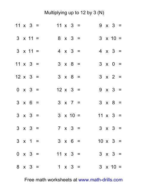 The 36 Horizontal Multiplication Facts Questions -- 3 by 0-12 (N) Math Worksheet