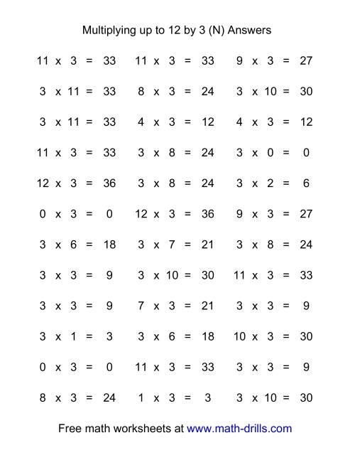 The 36 Horizontal Multiplication Facts Questions -- 3 by 0-12 (N) Math Worksheet Page 2