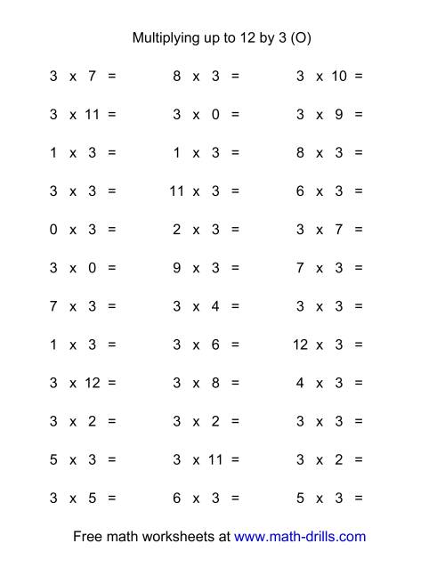 The 36 Horizontal Multiplication Facts Questions -- 3 by 0-12 (O) Math Worksheet