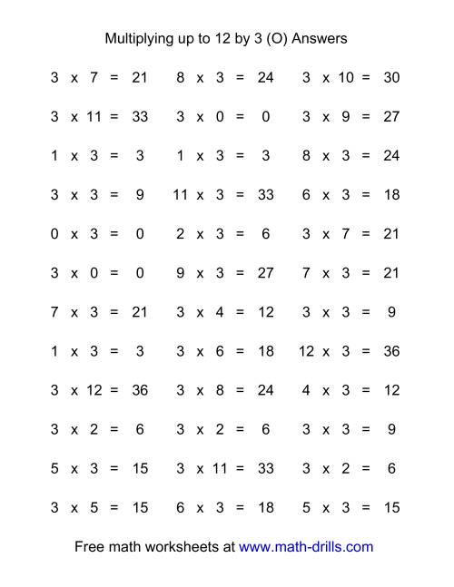 The 36 Horizontal Multiplication Facts Questions -- 3 by 0-12 (O) Math Worksheet Page 2