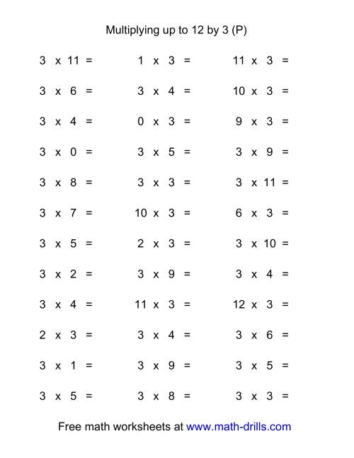 The 36 Horizontal Multiplication Facts Questions -- 3 by 0-12 (P) Math Worksheet