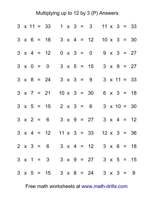 The 36 Horizontal Multiplication Facts Questions -- 3 by 0-12 (P) Math Worksheet Page 2