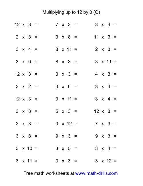 The 36 Horizontal Multiplication Facts Questions -- 3 by 0-12 (Q) Math Worksheet