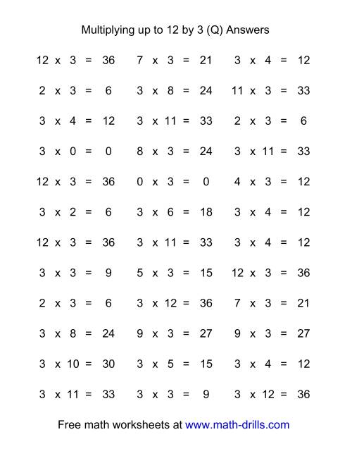 The 36 Horizontal Multiplication Facts Questions -- 3 by 0-12 (Q) Math Worksheet Page 2