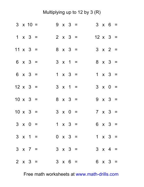 The 36 Horizontal Multiplication Facts Questions -- 3 by 0-12 (R) Math Worksheet