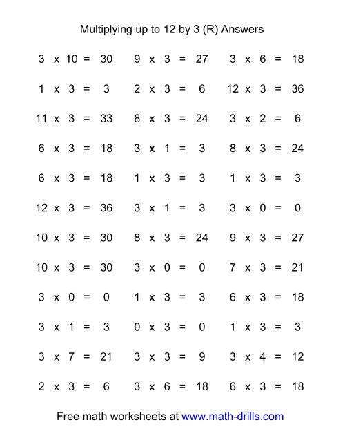 The 36 Horizontal Multiplication Facts Questions -- 3 by 0-12 (R) Math Worksheet Page 2