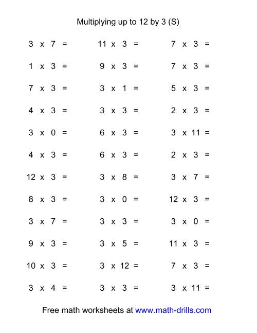The 36 Horizontal Multiplication Facts Questions -- 3 by 0-12 (S) Math Worksheet