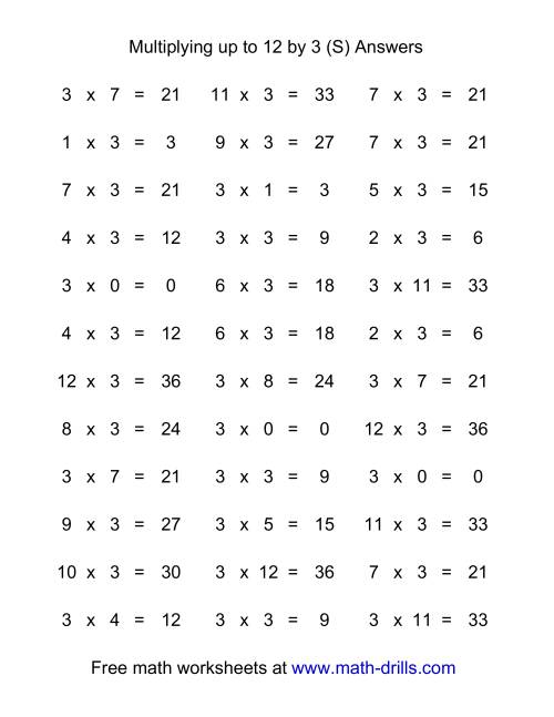 The 36 Horizontal Multiplication Facts Questions -- 3 by 0-12 (S) Math Worksheet Page 2