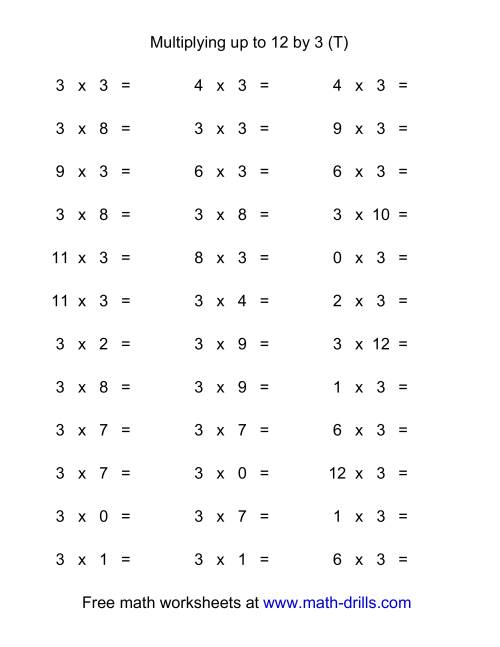 The 36 Horizontal Multiplication Facts Questions -- 3 by 0-12 (T) Math Worksheet