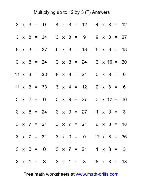The 36 Horizontal Multiplication Facts Questions -- 3 by 0-12 (T) Math Worksheet Page 2