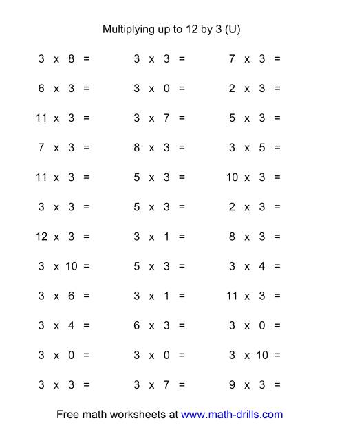 The 36 Horizontal Multiplication Facts Questions -- 3 by 0-12 (U) Math Worksheet