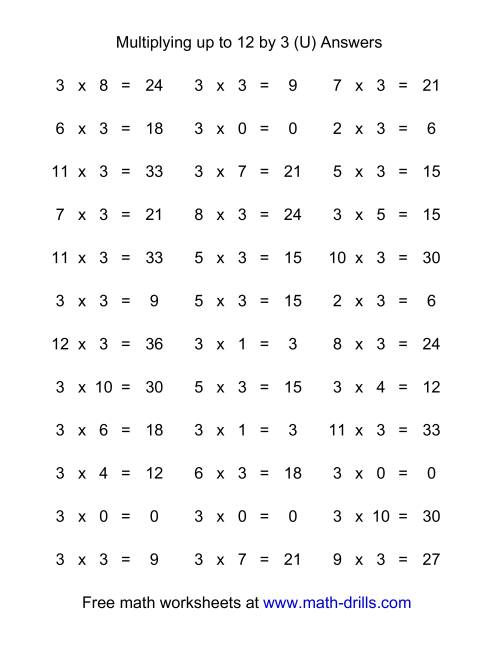The 36 Horizontal Multiplication Facts Questions -- 3 by 0-12 (U) Math Worksheet Page 2