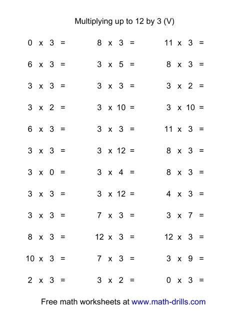 The 36 Horizontal Multiplication Facts Questions -- 3 by 0-12 (V) Math Worksheet