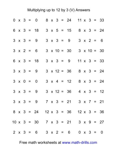 The 36 Horizontal Multiplication Facts Questions -- 3 by 0-12 (V) Math Worksheet Page 2
