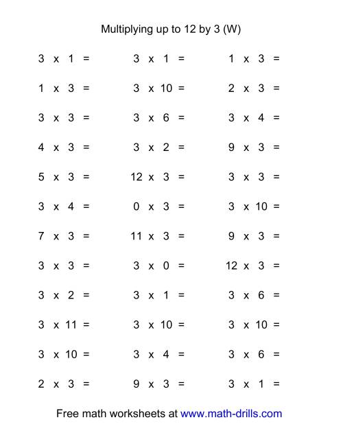 The 36 Horizontal Multiplication Facts Questions -- 3 by 0-12 (W) Math Worksheet