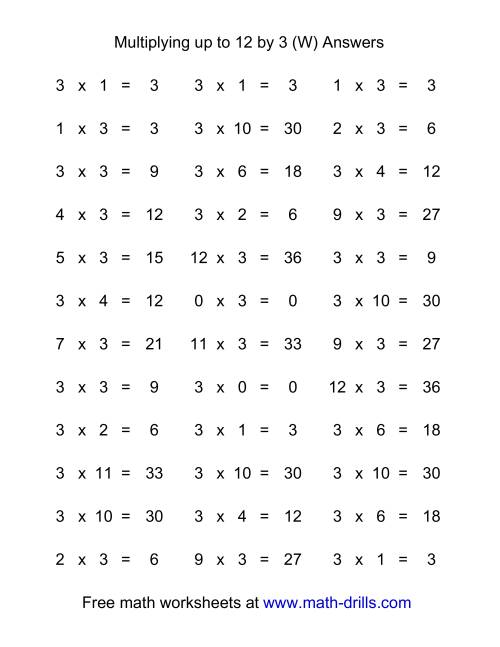 The 36 Horizontal Multiplication Facts Questions -- 3 by 0-12 (W) Math Worksheet Page 2
