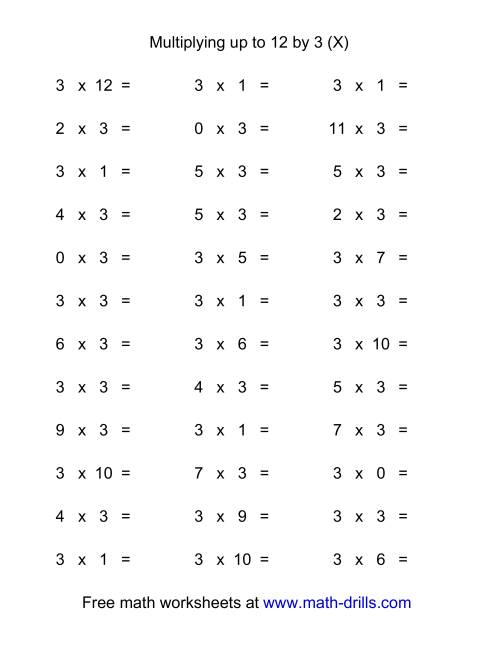 The 36 Horizontal Multiplication Facts Questions -- 3 by 0-12 (X) Math Worksheet
