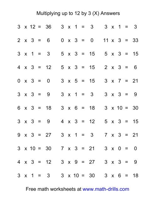 The 36 Horizontal Multiplication Facts Questions -- 3 by 0-12 (X) Math Worksheet Page 2