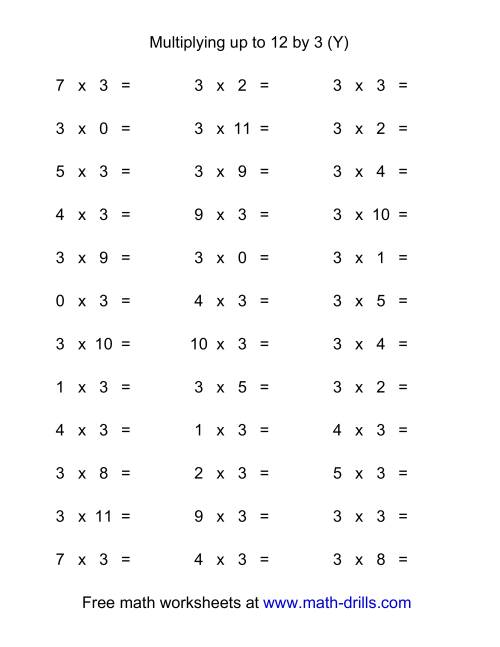 The 36 Horizontal Multiplication Facts Questions -- 3 by 0-12 (Y) Math Worksheet