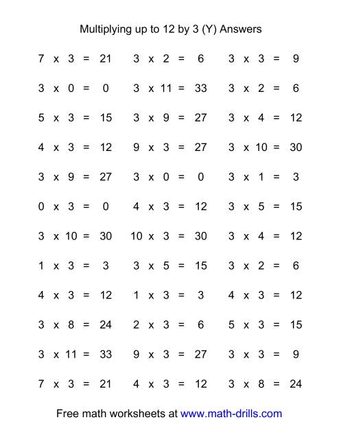 The 36 Horizontal Multiplication Facts Questions -- 3 by 0-12 (Y) Math Worksheet Page 2