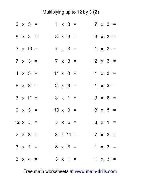 The 36 Horizontal Multiplication Facts Questions -- 3 by 0-12 (Z) Math Worksheet