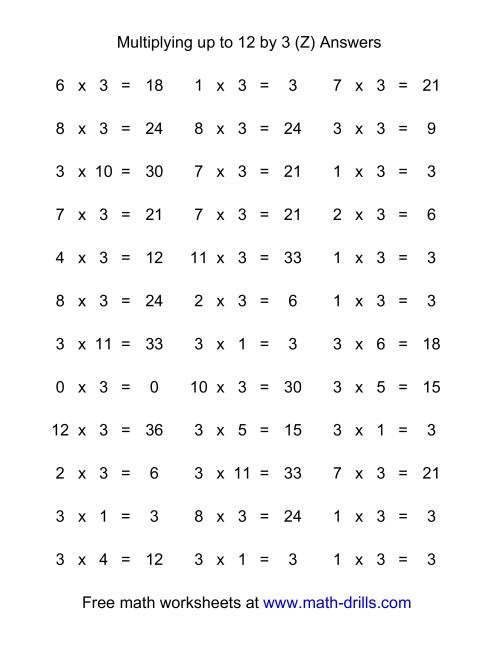 The 36 Horizontal Multiplication Facts Questions -- 3 by 0-12 (Z) Math Worksheet Page 2
