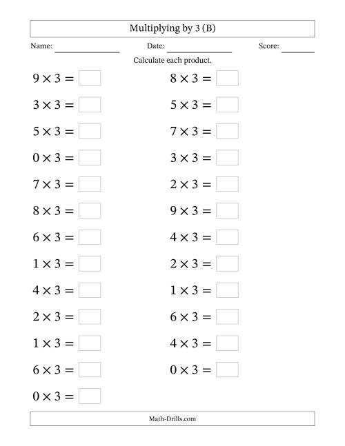 The Horizontally Arranged Multiplying (0 to 9) by 3 (25 Questions; Large Print) (B) Math Worksheet