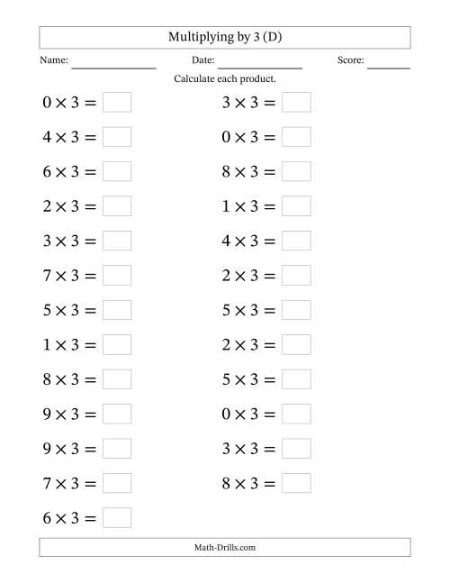 The Horizontally Arranged Multiplying (0 to 9) by 3 (25 Questions; Large Print) (D) Math Worksheet