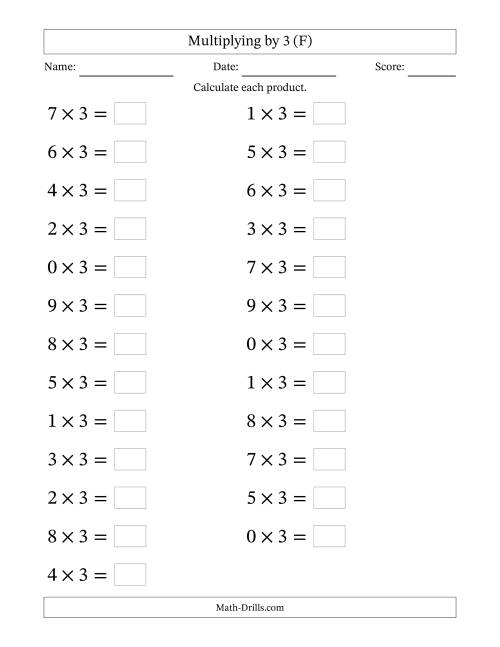 The Horizontally Arranged Multiplying (0 to 9) by 3 (25 Questions; Large Print) (F) Math Worksheet