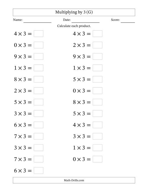 The Horizontally Arranged Multiplying (0 to 9) by 3 (25 Questions; Large Print) (G) Math Worksheet