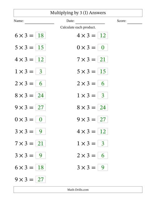 The Horizontally Arranged Multiplying (0 to 9) by 3 (25 Questions; Large Print) (I) Math Worksheet Page 2