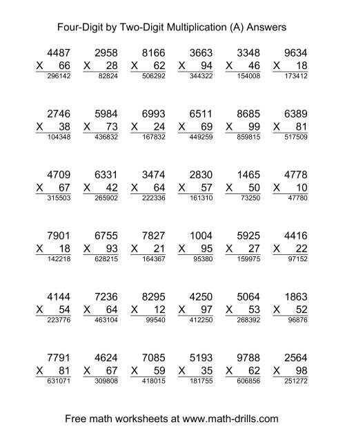 The Multiplying Four-Digit by Two-Digit -- 36 per page (A) Math Worksheet Page 2