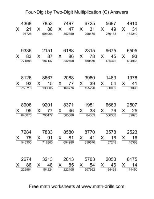 The Multiplying Four-Digit by Two-Digit -- 36 per page (C) Math Worksheet Page 2