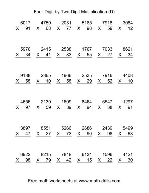 The Multiplying Four-Digit by Two-Digit -- 36 per page (D) Math Worksheet