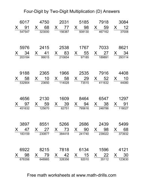 The Multiplying Four-Digit by Two-Digit -- 36 per page (D) Math Worksheet Page 2