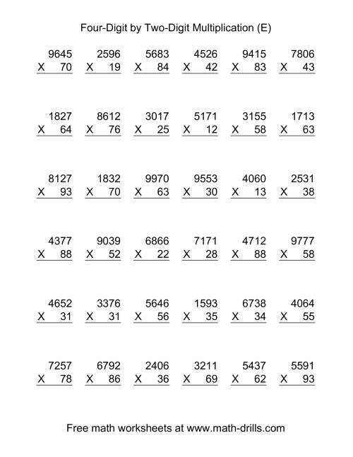 The Multiplying Four-Digit by Two-Digit -- 36 per page (E) Math Worksheet