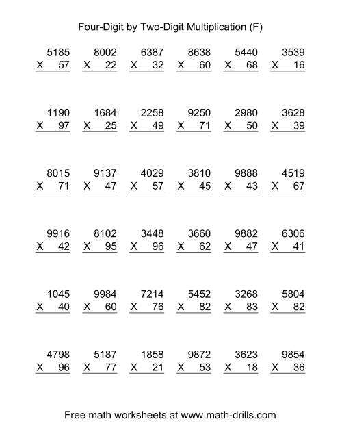 The Multiplying Four-Digit by Two-Digit -- 36 per page (F) Math Worksheet