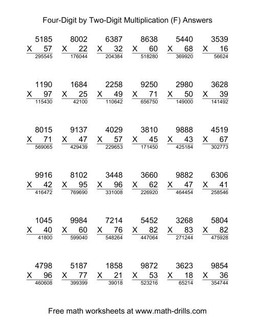 The Multiplying Four-Digit by Two-Digit -- 36 per page (F) Math Worksheet Page 2