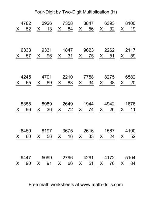 The Multiplying Four-Digit by Two-Digit -- 36 per page (H) Math Worksheet