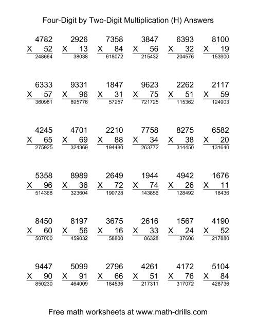 The Multiplying Four-Digit by Two-Digit -- 36 per page (H) Math Worksheet Page 2