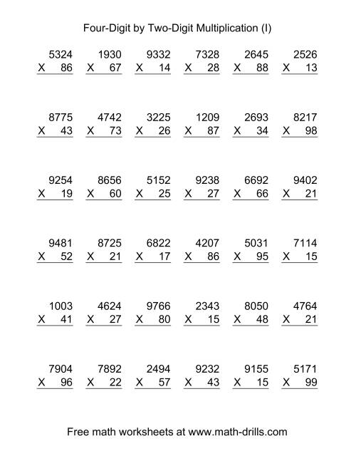 The Multiplying Four-Digit by Two-Digit -- 36 per page (I) Math Worksheet