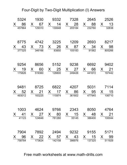 The Multiplying Four-Digit by Two-Digit -- 36 per page (I) Math Worksheet Page 2