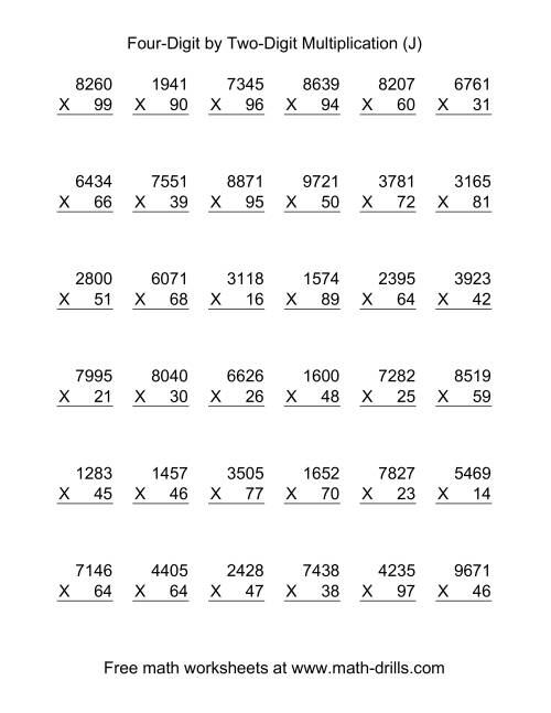The Multiplying Four-Digit by Two-Digit -- 36 per page (J) Math Worksheet