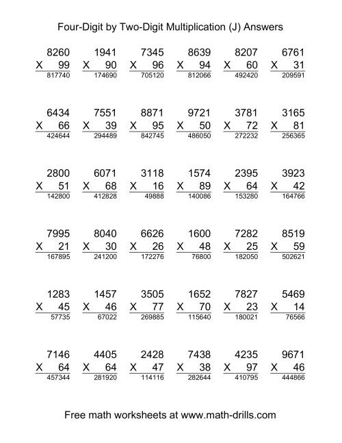 The Multiplying Four-Digit by Two-Digit -- 36 per page (J) Math Worksheet Page 2