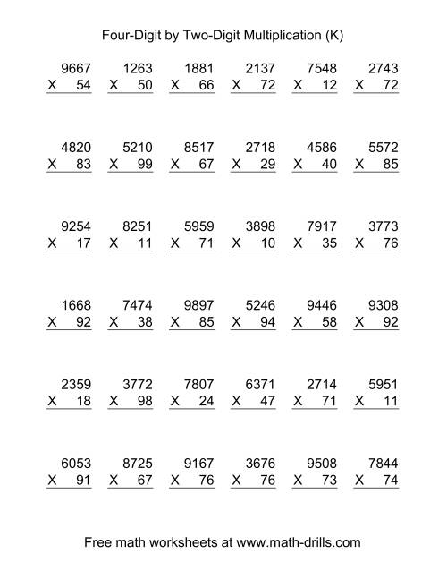 The Multiplying Four-Digit by Two-Digit -- 36 per page (K) Math Worksheet